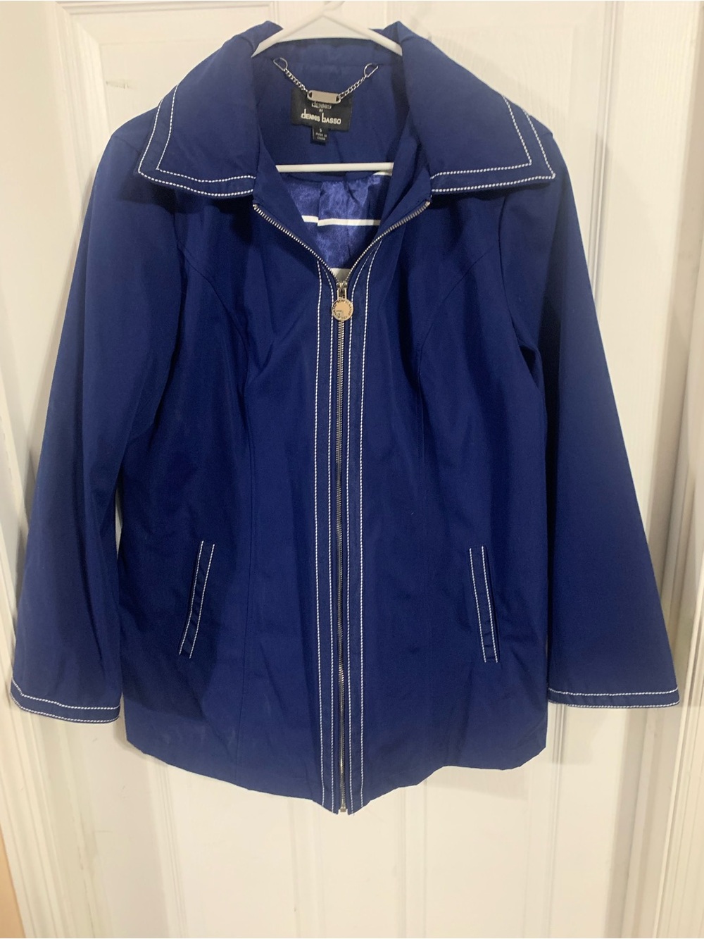 Dennis Basso Navy Water Resistant Coat with Contrast Stitching & removable hood
